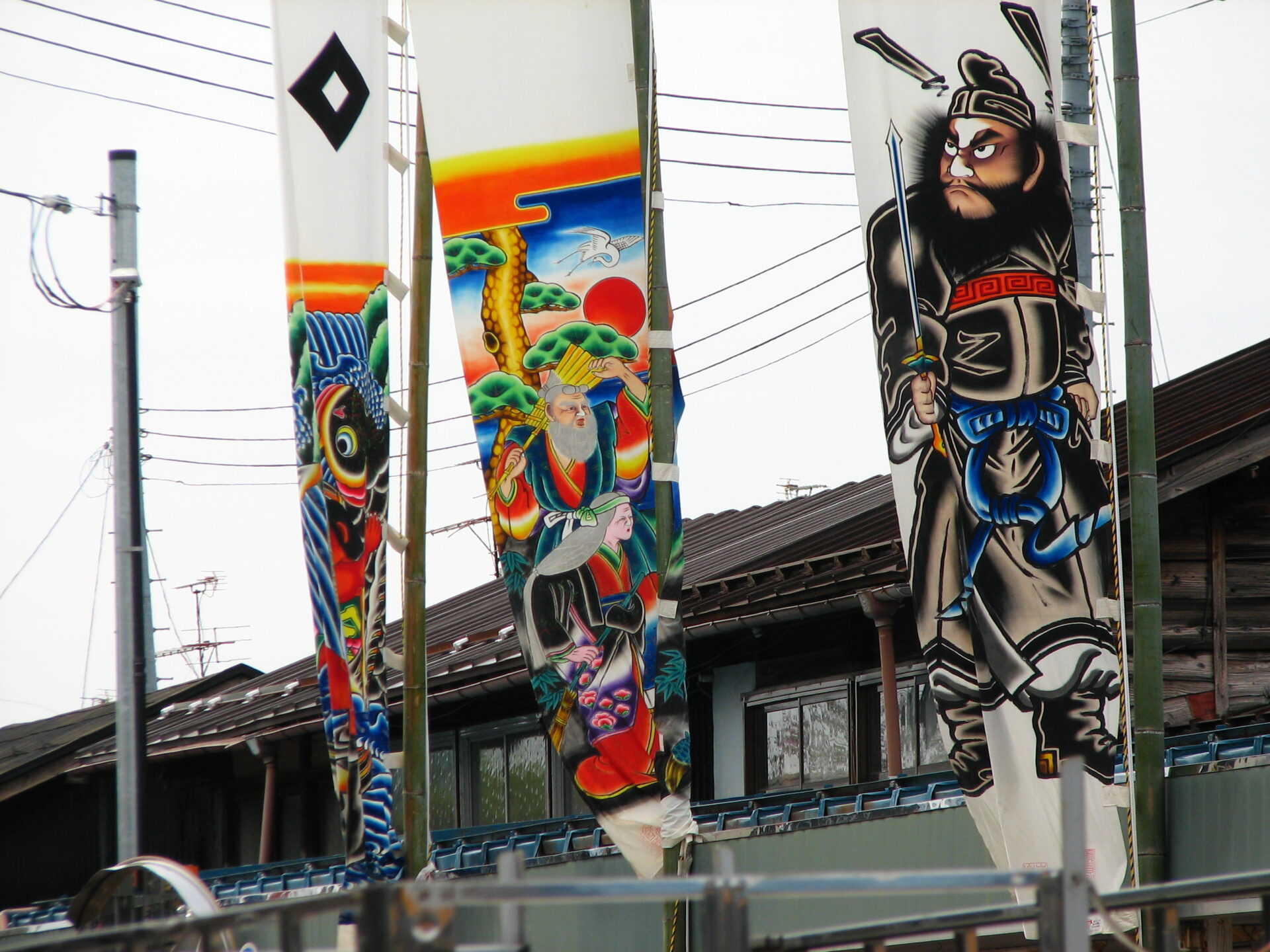 城下町村松（五泉市）のぼり旗祭りの武者のぼり展示
